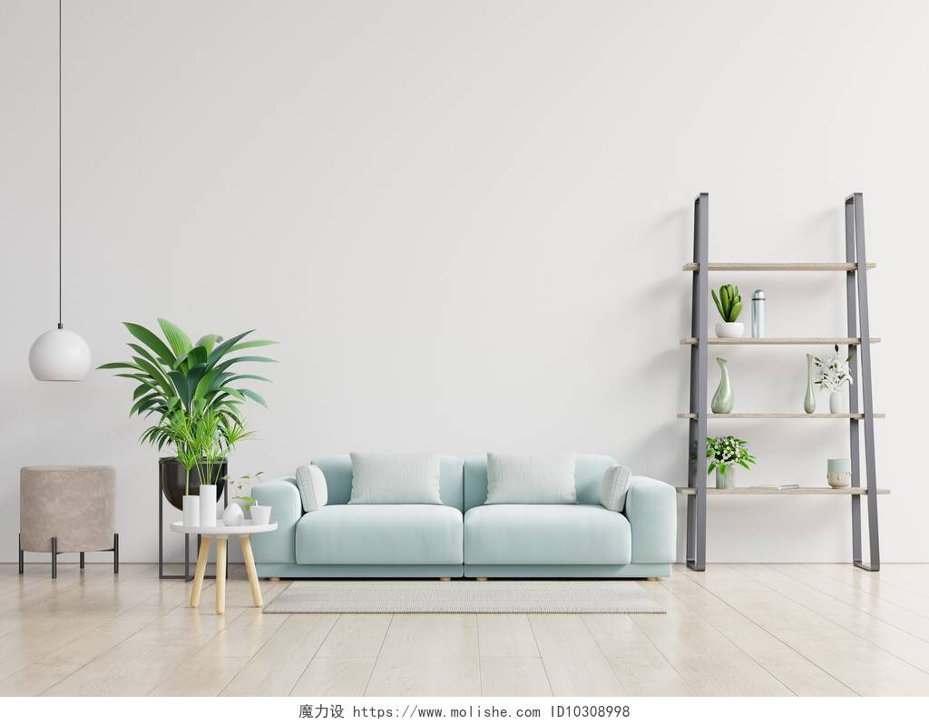 空荡荡的客厅里有蓝色的沙发植物和桌子在空荡荡的白墙背景